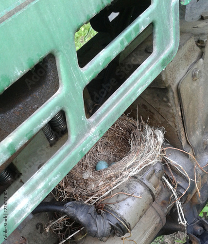 vogelnest auf motor von altem traktor