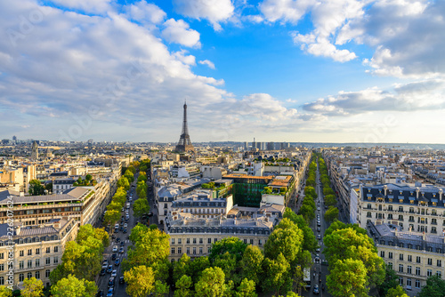 Beautiful view of Paris from the roof of the Triumphal Arch. Champs Elysees and the Eiffel Tower