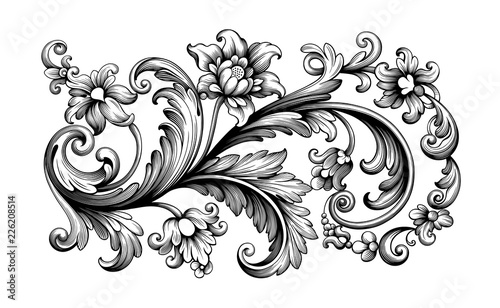 Flower vintage Baroque scroll Victorian frame border floral ornament leaf engraved retro pattern rose peony decorative design tattoo black and white filigree calligraphic vector