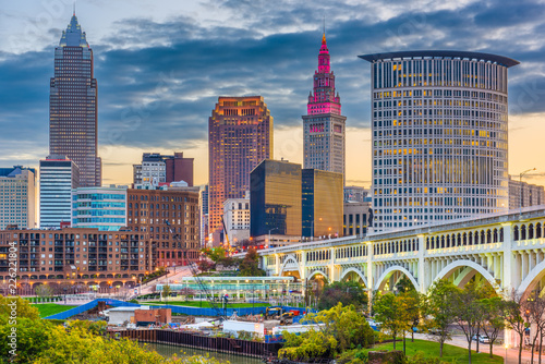 Cleveland, Ohio, USA downtown city skyline on the Cuyahoga River