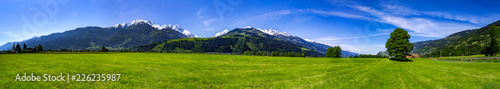 eine Panorama mit Bergen, Wald und Wiese in Österreich