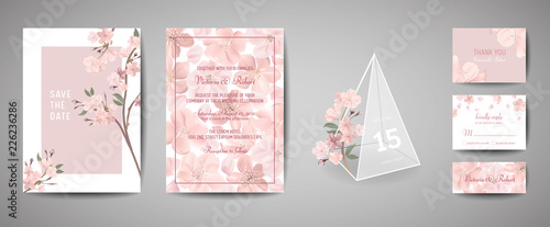 Set of Botanical retro wedding invitation card, vintage Save the Date, template design of sakura flowers and leaves, cherry blossom illustration. Vector trendy cover, pastel graphic poster, brochure