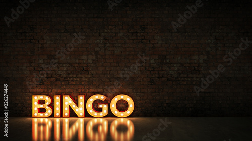 Neon Sign on Brick Wall background - Bingo. 3d rendering