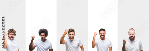 Collage of young caucasian, hispanic, afro men wearing white t-shirt over white isolated background angry and mad raising fist frustrated and furious while shouting with anger. Rage and aggressive