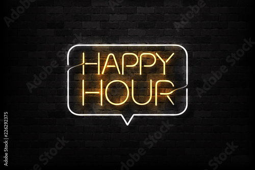 Vector realistic isolated neon sign of Happy Hour logo for decoration and covering on the wall background. Concept of night club, free drinks, bar counter and restaurant.