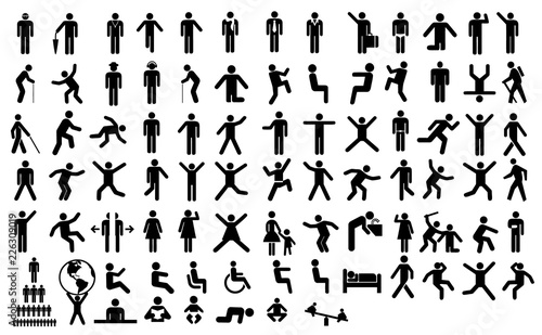 Big set people action pictogram. Black illustration