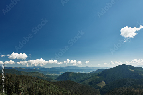 Landscape view of Carpathian mountains covered with coniferous forest