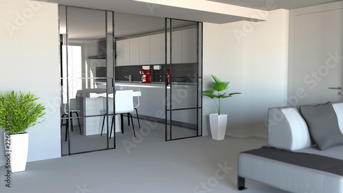 Porta scorrevole, divisorio ambiente soggiorno e cucina, ingresso appartamento moderno, stile industrial. 3d rendering