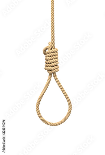 3d rendering of a hangman's noose made of natural beige rope hanging on a white background.