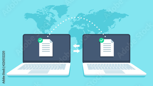 Notebooks file transfer. Data transmission, ftp files receiver and notebook computer backup copy. Document sharing vector concept