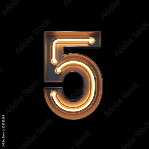 Number 5, Alphabet made from Neon Light with clipping path. 3D illustration