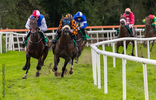 Speeding race horses and jockeys taking a sharp turn on the track
