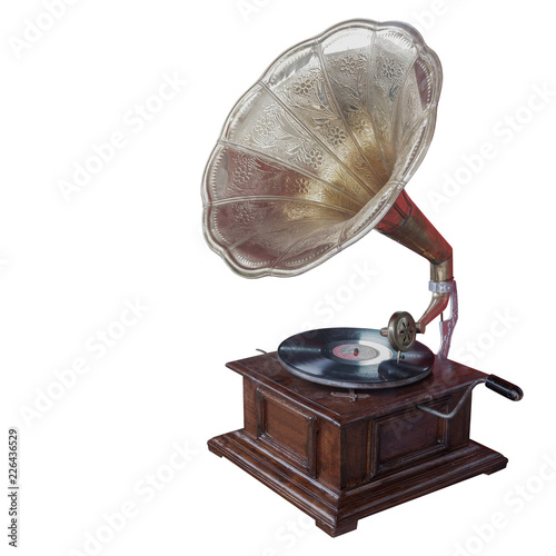 side view antique brass and wooden gramaphone on white background,copy space