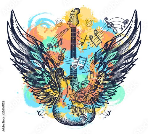 Guitar and wings tattoo watercolor splashes style. Rock and roll t-shirt design. Symbol of music, musical festivals. Electric guitar art