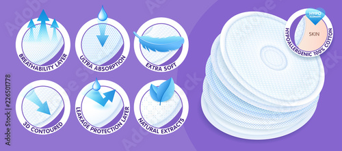 Hypoallergenic layered disposable breast pads while offering excellent breathability, protection and comfort. Concept with icons. Vector eps10.