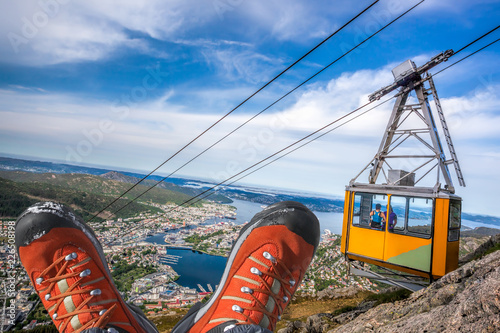 Ulriken cable railway with hiking boots in Bergen, Norway.