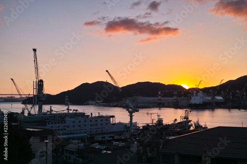 sunrise on the Nagasaki harbor in the Nagasaki bay, Japan