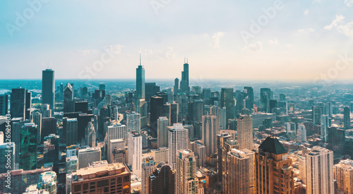 Chicago cityscape skyline toward sunset aerial view