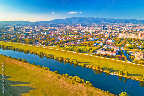 Sava river and Zagreb cityscape aerial view