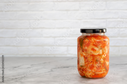 homemade cabbage kimchi in a glass jar