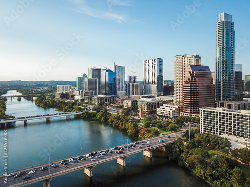 Aerial of Auston Texas from the Congress Avenue Bridge next to the Statesmans Bat Observation Center