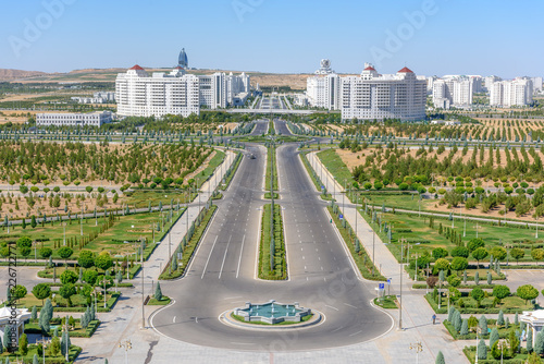 Ashgabat Turkmenistan city scape, skyline of beautiful architecture and parks in Ashgabad the capital city of Turkmenistan in Central Asia