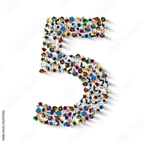 Large group of people in number 5 five form. People font . Vector illustration