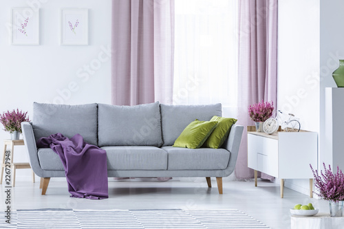 Elegant living room with big comfortable grey couch with olive green pillows and violet blanket in the middle of stylish living room with heater in pots and lilac curtainsbike