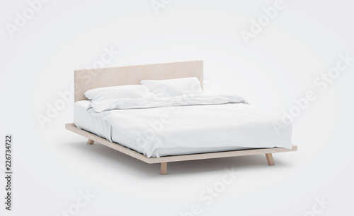 Blank white bed with pillows mockup, side view, isolated, 3d rendering. Empty bedclothes mock up. Clear blanket in bedstead. Doublebed with mattress and bedsheet. Doss with pilows and duvet.