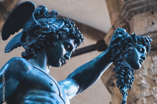 Bronze statue of Perseus holding the head of Medusa in Florence, Piazza della Signoria square, made by Benvenuto Cellini in 1545