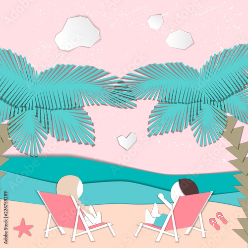 Summertime illustration. Couple resting on deckchairs. Paper cut design