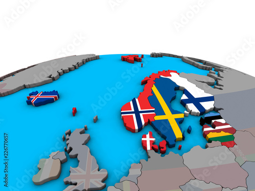 Northern Europe with embedded national flags on political 3D globe.