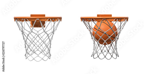 3d rendering of two basketball nets with orange hoops, one empty and one with a ball falling inside.