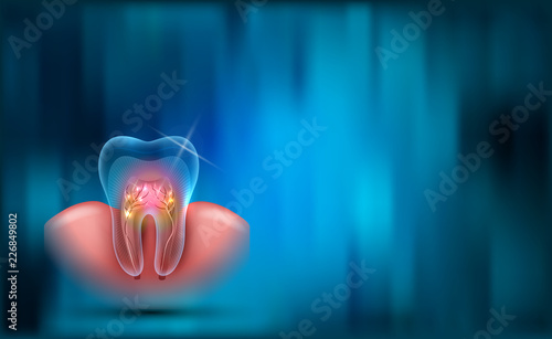 Dental background, transparent tooth cross section, roots and gum on a beautiful blue abstract background