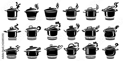 Cooking saucepan steam icon set, simple style