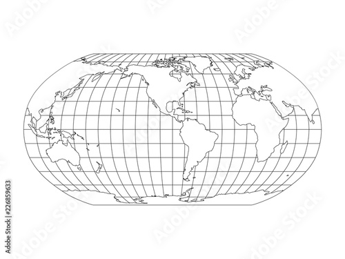 World Map in Robinson Projection with meridians and parallels grid. Americas centered. White land with black outline. Vector illustration.