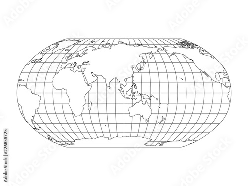 World Map in Robinson Projection with meridians and parallels grid. Asia and Australia centered. White land with black outline. Vector illustration.