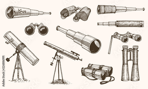 Binoculars or field glasses. Military set. vintage telescopes and optical equipment. engraved hand drawn old line icon. retro sketch style. Concept of active travel, exploration, discovery.