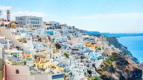 Panoramic view of the town of Fira in Santorini, Greece(Day)