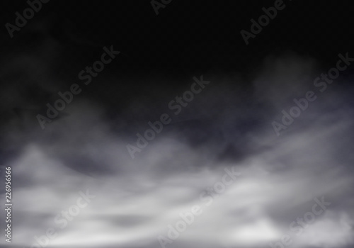 Vector 3d realistic illustration of fog, grey mist or cigarette smoke. Translucent smog isolated on transparent background. The special effect of vapor, gray chemistry spray.