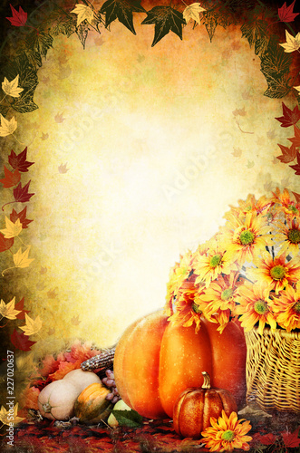Photo based illustration of a Thanksgiving Day background with a basket of flowers, pumpkins, fruits and vegetables. Free copy space for text.