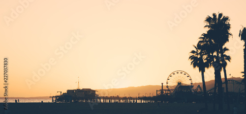 Santa Monica beach and pier at sunset