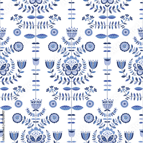 Folk Blue Flowers on White Background Vector Seamless Pattern. Delft Florals. Hand-drawn doodle monochrome flora.