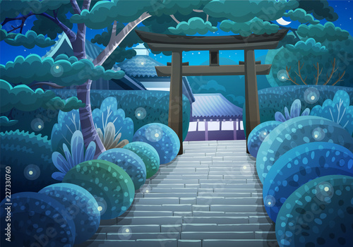 Colorful japanese landscape of stone stairs heading to a shrine through a wooden torii at night. Garden with bushes,trees and fireflies. Vector illustration.