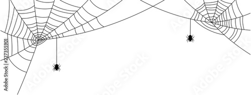 White Halloween banner with spiderweb and spiders.