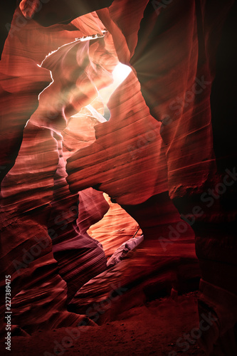Sunset with sun rays on the Antelope Canyon in Page Arizona