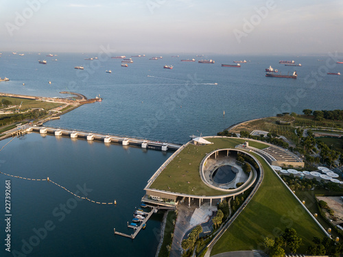 The Marina Barrage in Singapore city aerial view 