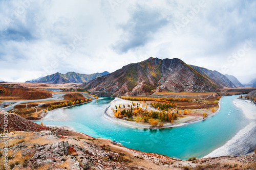 The confluence of the Chuya and Katun rivers in Altai, Siberia, Russia.