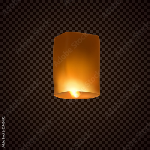 Lantern isolated on transparent background. Diwali festival floating lamp. Vector indian paper flying light ballon with flame at night sky.