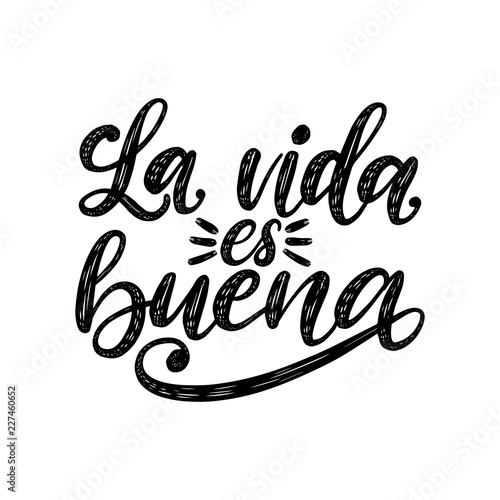 La Vida Es Buena translated from Spanish Life Is Good handwritten phrase on white background. Vector inspirational quote
